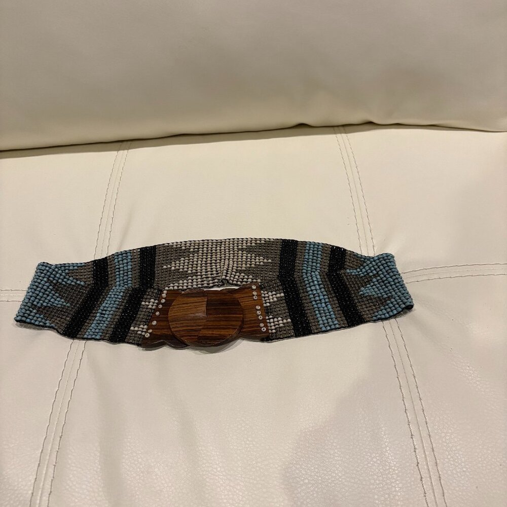 Blue/Gray Beaded Mosaic Stretch Belt with Wood Clasp